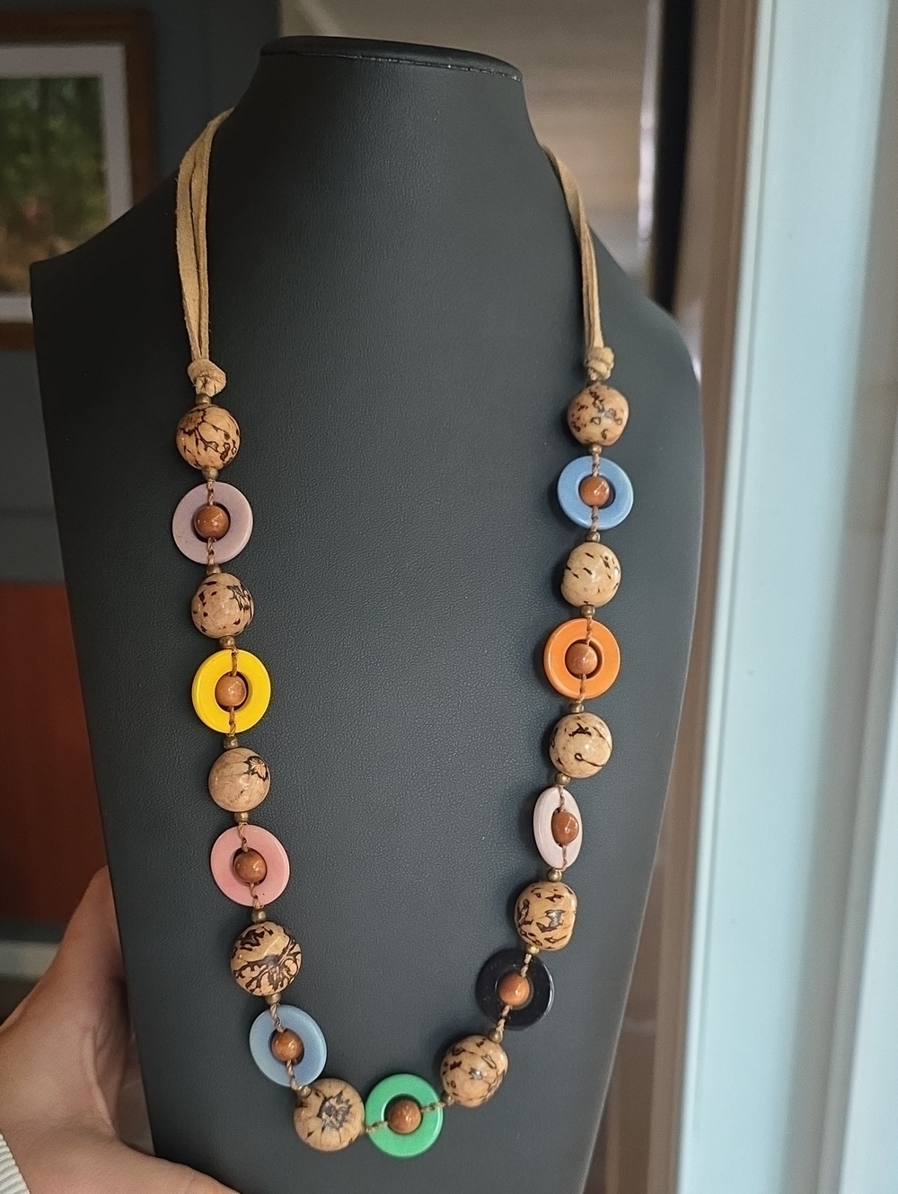 Handmade Multicolor Bead Necklace - Natural Tan and Colorful Discs